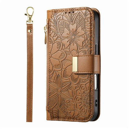 For iPhone Air Flowers Leaves Zipper Wallet Leather Phone Case with Strap(Brown) - iPhone Air Cases by buy2fix | Online Shopping UK | buy2fix