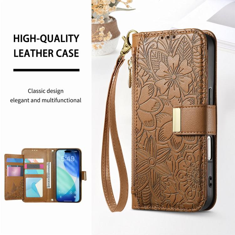 For iPhone Air Flowers Leaves Zipper Wallet Leather Phone Case with Strap(Brown) - iPhone Air Cases by buy2fix | Online Shopping UK | buy2fix