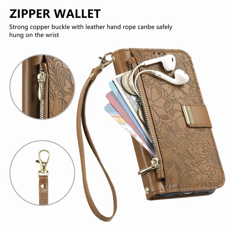 For iPhone Air Flowers Leaves Zipper Wallet Leather Phone Case with Strap(Brown) - iPhone Air Cases by buy2fix | Online Shopping UK | buy2fix