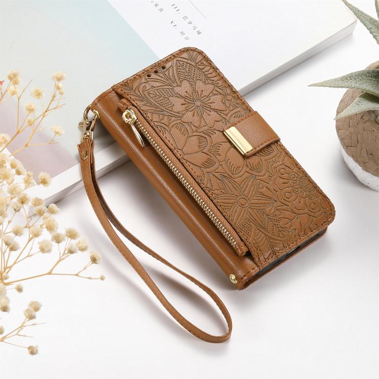 For iPhone Air Flowers Leaves Zipper Wallet Leather Phone Case with Strap(Brown) - iPhone Air Cases by buy2fix | Online Shopping UK | buy2fix