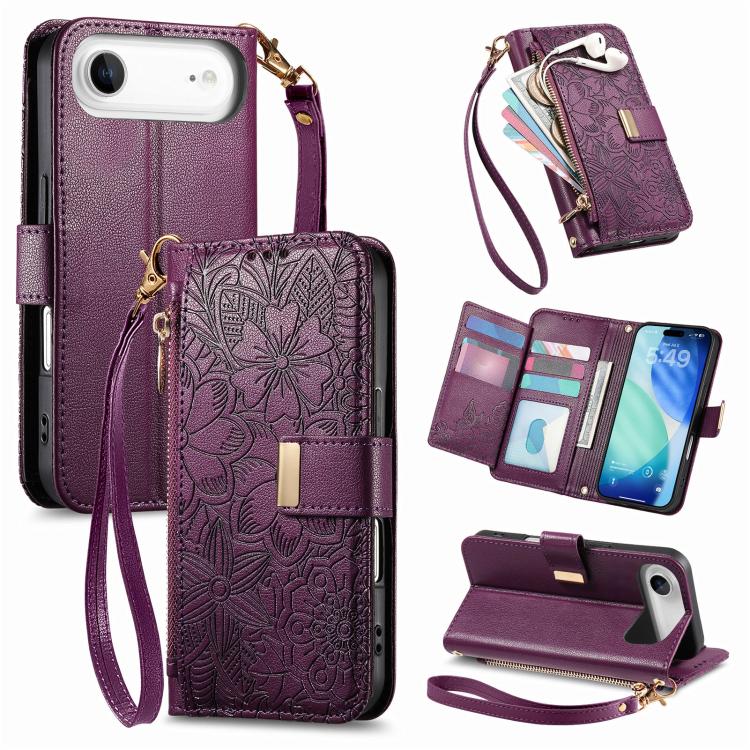 For iPhone Air Flowers Leaves Zipper Wallet Leather Phone Case with Strap(Purple) - iPhone Air Cases by buy2fix | Online Shopping UK | buy2fix