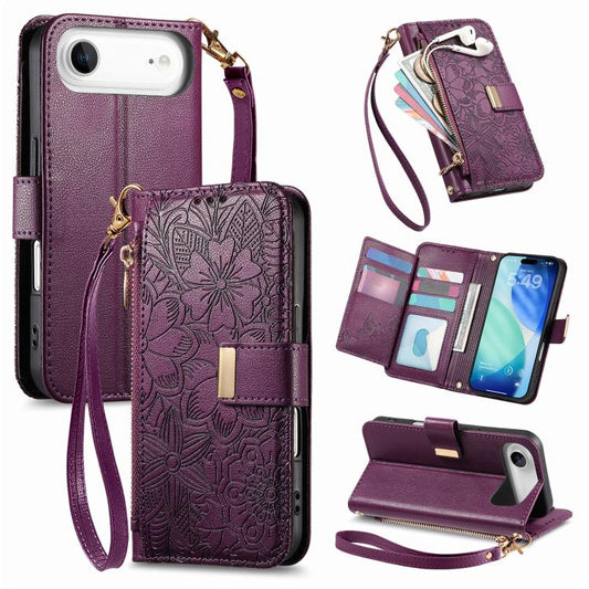 For iPhone Air Flowers Leaves Zipper Wallet Leather Phone Case with Strap(Purple) - iPhone Air Cases by buy2fix | Online Shopping UK | buy2fix