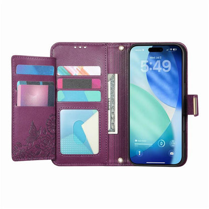 For iPhone Air Flowers Leaves Zipper Wallet Leather Phone Case with Strap(Purple) - iPhone Air Cases by buy2fix | Online Shopping UK | buy2fix
