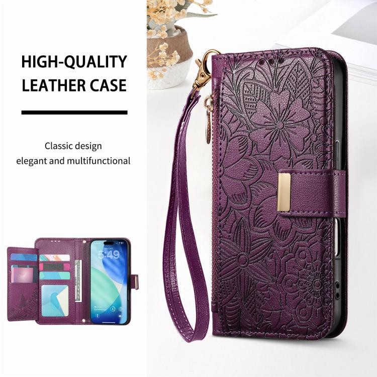 For iPhone Air Flowers Leaves Zipper Wallet Leather Phone Case with Strap(Purple) - iPhone Air Cases by buy2fix | Online Shopping UK | buy2fix