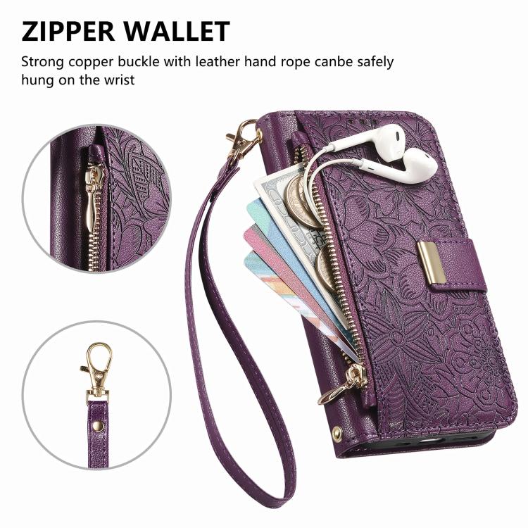 For iPhone Air Flowers Leaves Zipper Wallet Leather Phone Case with Strap(Purple) - iPhone Air Cases by buy2fix | Online Shopping UK | buy2fix