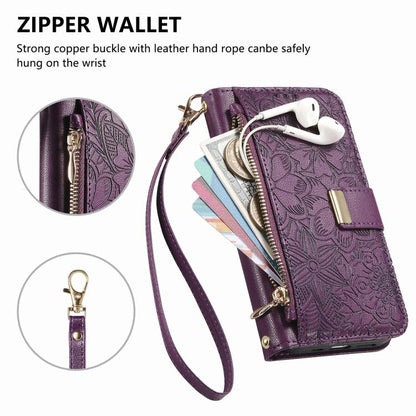 For iPhone Air Flowers Leaves Zipper Wallet Leather Phone Case with Strap(Purple) - iPhone Air Cases by buy2fix | Online Shopping UK | buy2fix