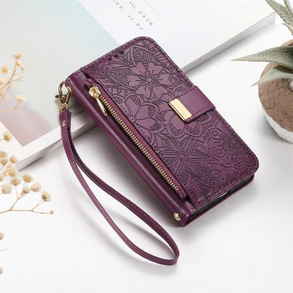 For iPhone Air Flowers Leaves Zipper Wallet Leather Phone Case with Strap(Purple) - iPhone Air Cases by buy2fix | Online Shopping UK | buy2fix