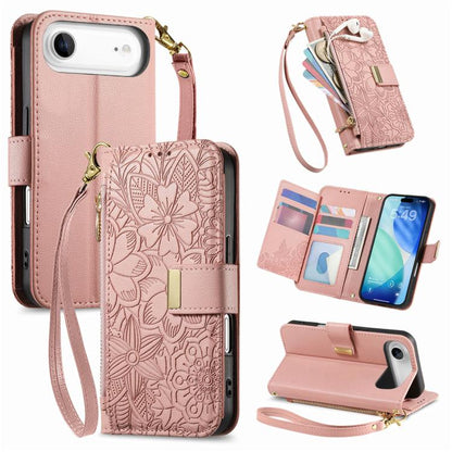 For iPhone Air Flowers Leaves Zipper Wallet Leather Phone Case with Strap(Pink) - iPhone Air Cases by buy2fix | Online Shopping UK | buy2fix