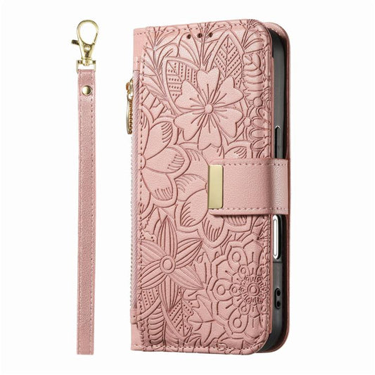 For iPhone Air Flowers Leaves Zipper Wallet Leather Phone Case with Strap(Pink) - iPhone Air Cases by buy2fix | Online Shopping UK | buy2fix