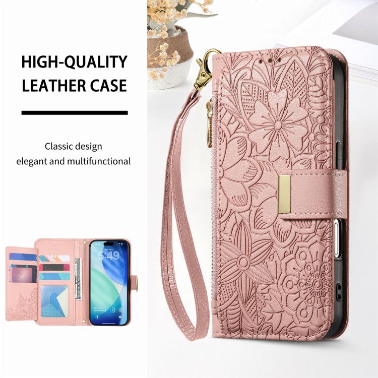 For iPhone Air Flowers Leaves Zipper Wallet Leather Phone Case with Strap(Pink) - iPhone Air Cases by buy2fix | Online Shopping UK | buy2fix