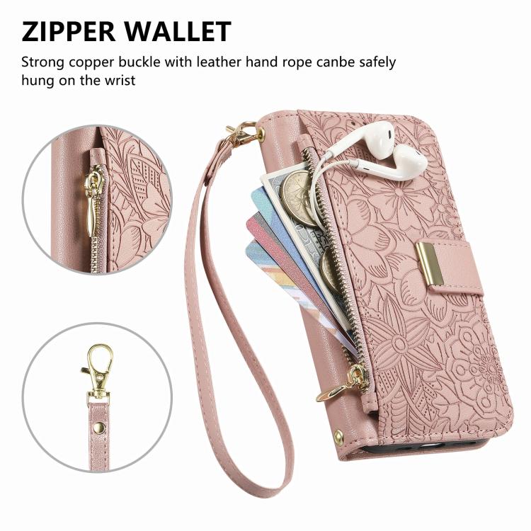 For iPhone Air Flowers Leaves Zipper Wallet Leather Phone Case with Strap(Pink) - iPhone Air Cases by buy2fix | Online Shopping UK | buy2fix