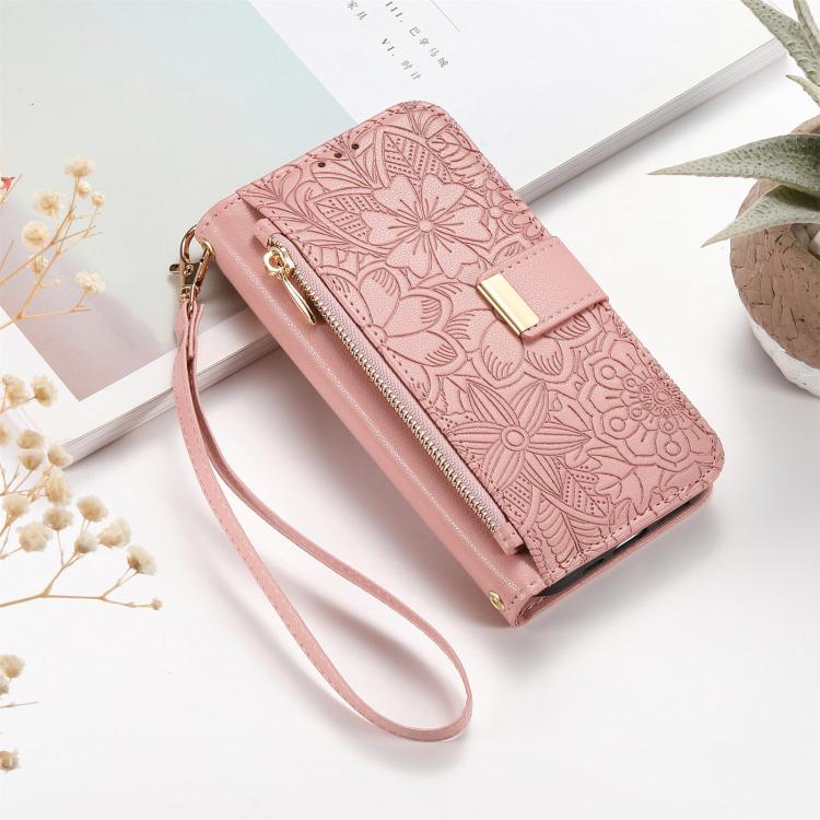 For iPhone Air Flowers Leaves Zipper Wallet Leather Phone Case with Strap(Pink) - iPhone Air Cases by buy2fix | Online Shopping UK | buy2fix
