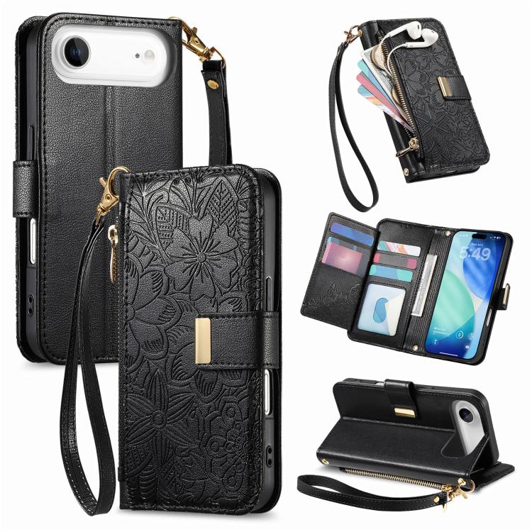 For iPhone Air Flowers Leaves Zipper Wallet Leather Phone Case with Strap(Black) - iPhone Air Cases by buy2fix | Online Shopping UK | buy2fix