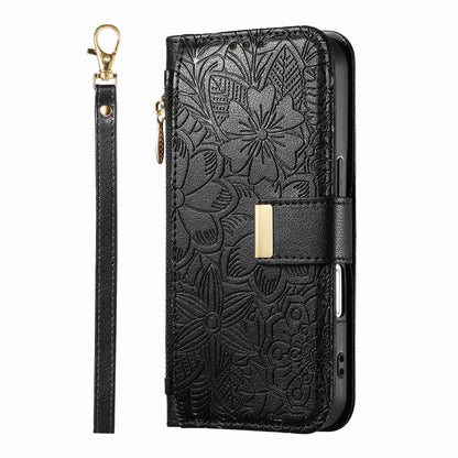 For iPhone Air Flowers Leaves Zipper Wallet Leather Phone Case with Strap(Black) - iPhone Air Cases by buy2fix | Online Shopping UK | buy2fix