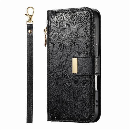 For iPhone Air Flowers Leaves Zipper Wallet Leather Phone Case with Strap(Black) - iPhone Air Cases by buy2fix | Online Shopping UK | buy2fix