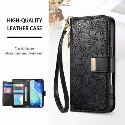 For iPhone Air Flowers Leaves Zipper Wallet Leather Phone Case with Strap(Black) - iPhone Air Cases by buy2fix | Online Shopping UK | buy2fix