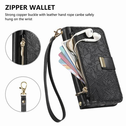 For iPhone Air Flowers Leaves Zipper Wallet Leather Phone Case with Strap(Black) - iPhone Air Cases by buy2fix | Online Shopping UK | buy2fix
