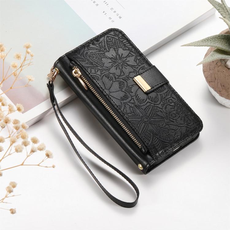 For iPhone Air Flowers Leaves Zipper Wallet Leather Phone Case with Strap(Black) - iPhone Air Cases by buy2fix | Online Shopping UK | buy2fix