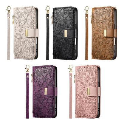 For iPhone Air Flowers Leaves Zipper Wallet Leather Phone Case with Strap(Khaki) - iPhone Air Cases by buy2fix | Online Shopping UK | buy2fix