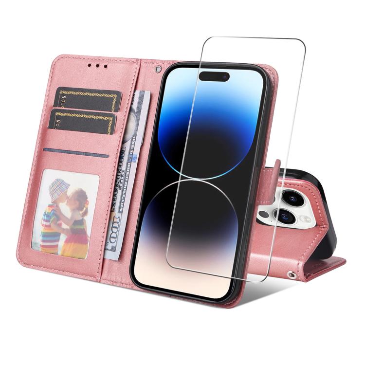 For iPhone 16 Pro Max ENKAY Card Wallet Calf Texture Leather Phone Case with Thickened Glue No White Edge Film(Pink) - iPhone 16 Pro Max Cases by ENKAY | Online Shopping UK | buy2fix