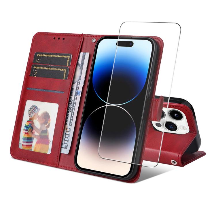 For iPhone 16 Pro Max ENKAY Card Wallet Calf Texture Leather Phone Case with Thickened Glue No White Edge Film(Red) - iPhone 16 Pro Max Cases by ENKAY | Online Shopping UK | buy2fix