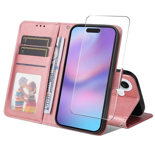 For iPhone 16 Plus ENKAY Card Wallet Calf Texture Leather Phone Case with Thickened Glue No White Edge Film(Pink) - iPhone 16 Plus Cases by ENKAY | Online Shopping UK | buy2fix