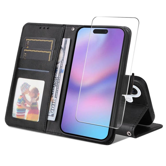 For iPhone 16 Plus ENKAY Card Wallet Calf Texture Leather Phone Case with Thickened Glue No White Edge Film(Black) - iPhone 16 Plus Cases by ENKAY | Online Shopping UK | buy2fix