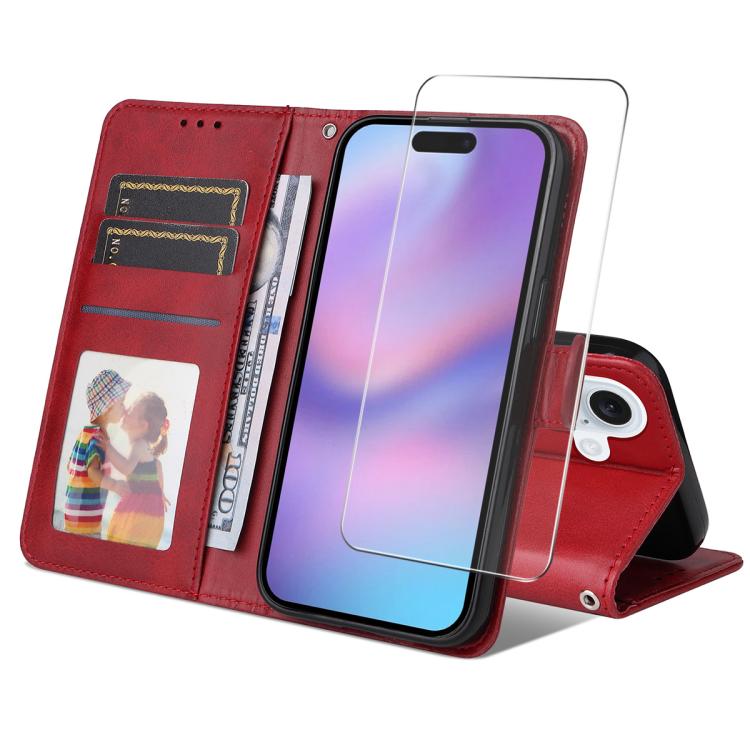 For iPhone 16 Plus ENKAY Card Wallet Calf Texture Leather Phone Case with Thickened Glue No White Edge Film(Red) - iPhone 16 Plus Cases by ENKAY | Online Shopping UK | buy2fix