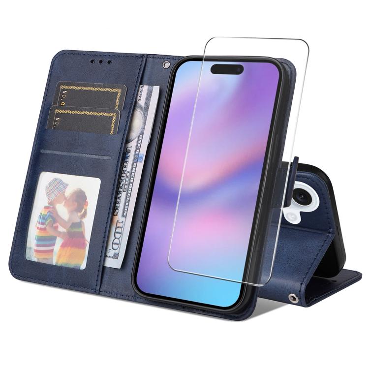 For iPhone 16 Plus ENKAY Card Wallet Calf Texture Leather Phone Case with Thickened Glue No White Edge Film(Blue) - iPhone 16 Plus Cases by ENKAY | Online Shopping UK | buy2fix