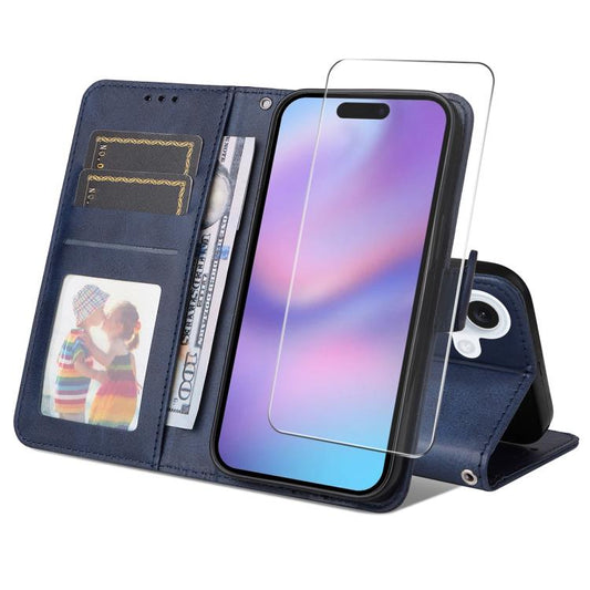For iPhone 16 Plus ENKAY Card Wallet Calf Texture Leather Phone Case with Thickened Glue No White Edge Film(Blue) - iPhone 16 Plus Cases by ENKAY | Online Shopping UK | buy2fix