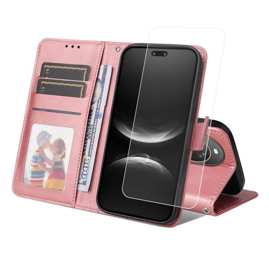 For Huawei nova 14 Ultra ENKAY Card Wallet Calf Texture Leather Phone Case with Full Glue Coverage Soft Hydrogel Film(Pink)