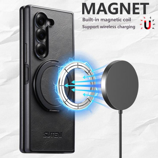 For Samsung Galaxy Z Fold7 5G Suteni G3 Oil Wax 360 Rotation Holder MagSafe Back Phone Case(Black) - Galaxy Z Fold7 5G Cases by Suteni | Online Shopping UK | buy2fix
