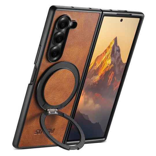 For Galaxy Z Fold7 5G Suteni G3 Oil Wax 360 Rotation Holder MagSafe Back Phone Case(Brown)