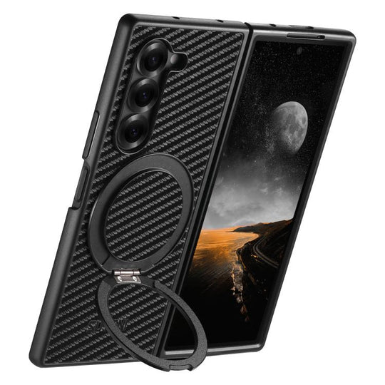 For Galaxy Z Fold7 5G Suteni G3 Carbon Fiber Leather 360 Rotation Holder MagSafe Phone Case(Black)