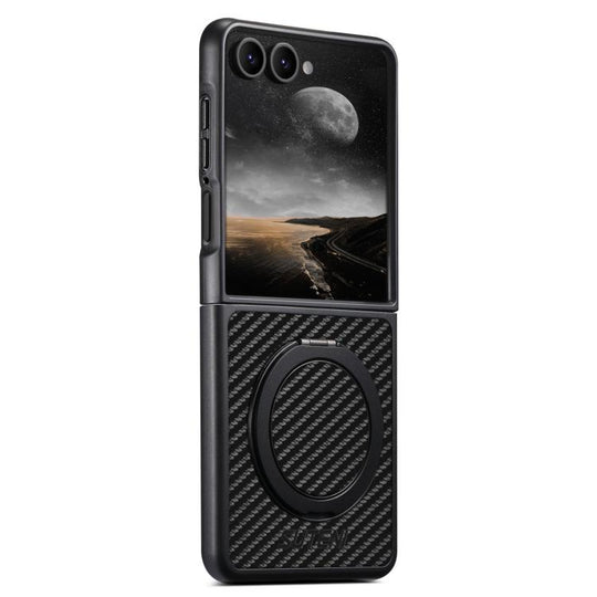For Galaxy Z Flip7 5G Suteni G3 Carbon Fiber Leather 360 Rotation Holder MagSafe Phone Case(Black)