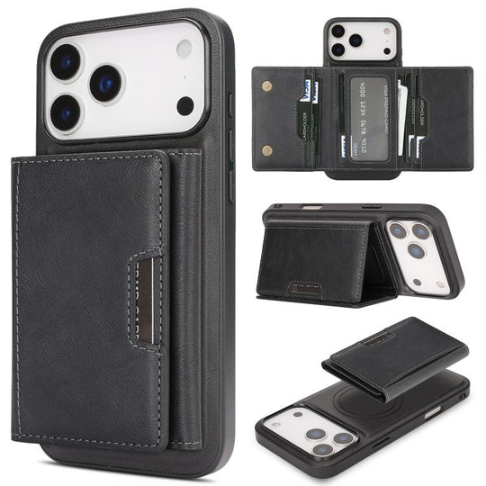 For iPhone 17 Pro Kalebol Strong Magnetic MagSafe Tri-Fold Wallet Leather Phone Case(Black)