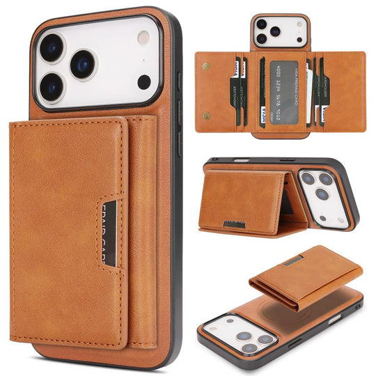 For iPhone 17 Pro Kalebol Strong Magnetic MagSafe Tri-Fold Wallet Leather Phone Case(Brown)