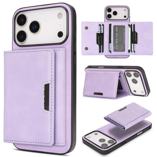 For iPhone 17 Pro Kalebol Strong Magnetic MagSafe Tri-Fold Wallet Leather Phone Case(Purple)