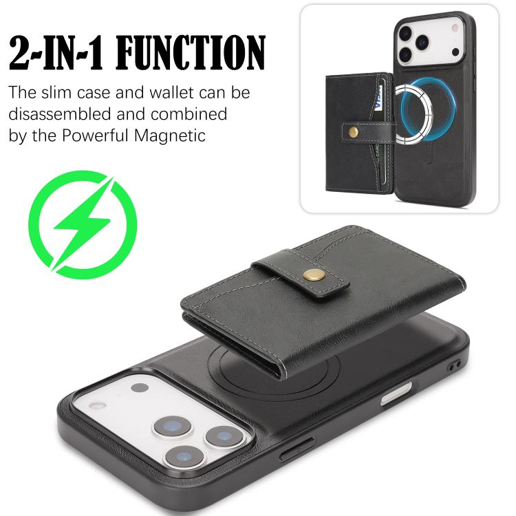 For iPhone 17 Pro Max Kalebol Magnetic Button Card Bag MagSafe Ring Leather Phone Case(Black) - iPhone 17 Pro Max Cases by Kalebol | Online Shopping UK | buy2fix