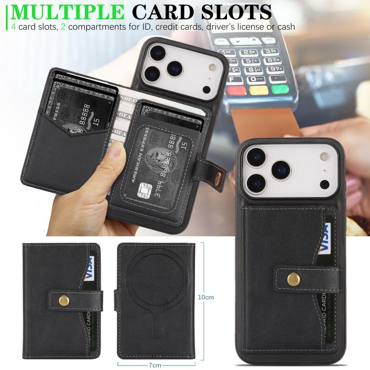 For iPhone 17 Pro Max Kalebol Magnetic Button Card Bag MagSafe Ring Leather Phone Case(Black) - iPhone 17 Pro Max Cases by Kalebol | Online Shopping UK | buy2fix