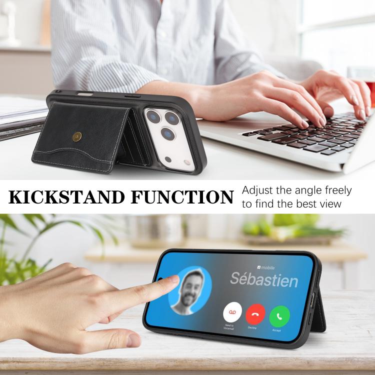 For iPhone 17 Pro Max Kalebol Magnetic Button Card Bag MagSafe Ring Leather Phone Case(Black) - iPhone 17 Pro Max Cases by Kalebol | Online Shopping UK | buy2fix