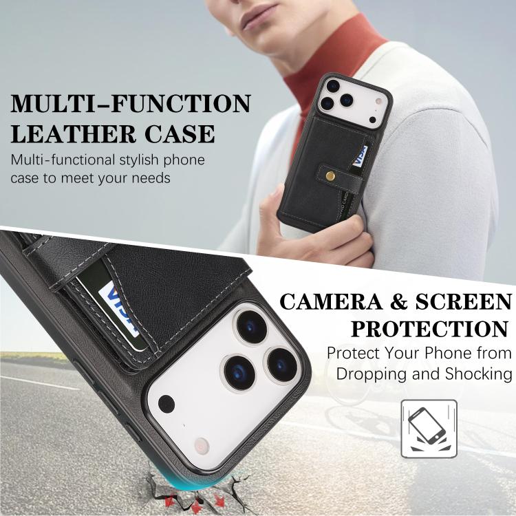 For iPhone 17 Pro Max Kalebol Magnetic Button Card Bag MagSafe Ring Leather Phone Case(Black) - iPhone 17 Pro Max Cases by Kalebol | Online Shopping UK | buy2fix