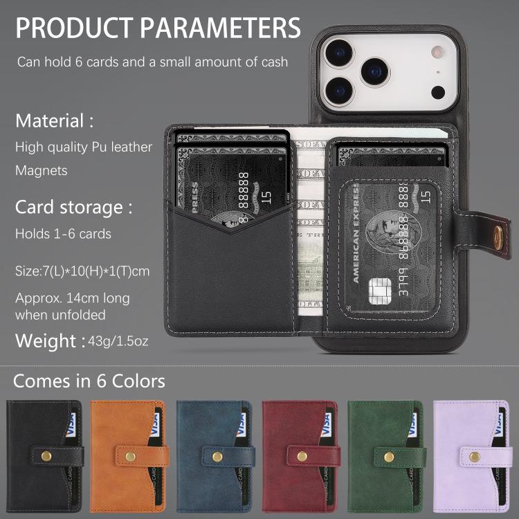 For iPhone 17 Pro Max Kalebol Magnetic Button Card Bag MagSafe Ring Leather Phone Case(Black) - iPhone 17 Pro Max Cases by Kalebol | Online Shopping UK | buy2fix