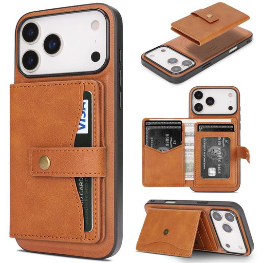 For iPhone 18 Pro Max / 17 Pro Max Kalebol Magnetic Button Card Bag MagSafe Ring Leather Phone Case(Brown)