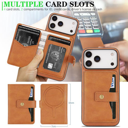 For iPhone 17 Pro Max Kalebol Magnetic Button Card Bag MagSafe Ring Leather Phone Case(Brown) - iPhone 17 Pro Max Cases by Kalebol | Online Shopping UK | buy2fix