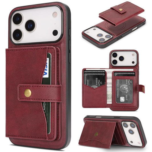 For iPhone 17 Pro Max Kalebol Magnetic Button Card Bag MagSafe Ring Leather Phone Case(Red) - iPhone 17 Pro Max Cases by Kalebol | Online Shopping UK | buy2fix
