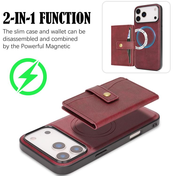 For iPhone 17 Pro Max Kalebol Magnetic Button Card Bag MagSafe Ring Leather Phone Case(Red) - iPhone 17 Pro Max Cases by Kalebol | Online Shopping UK | buy2fix