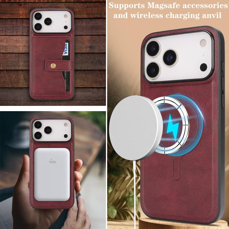 For iPhone 17 Pro Max Kalebol Magnetic Button Card Bag MagSafe Ring Leather Phone Case(Red) - iPhone 17 Pro Max Cases by Kalebol | Online Shopping UK | buy2fix