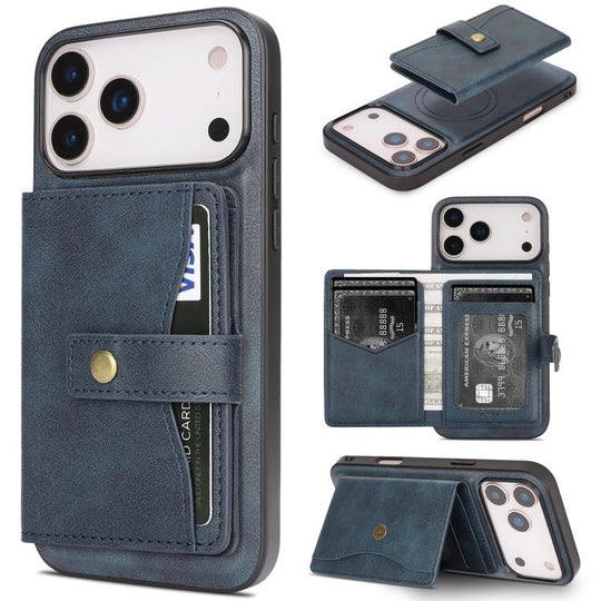 For iPhone 18 Pro Max / 17 Pro Max Kalebol Magnetic Button Card Bag MagSafe Ring Leather Phone Case(Blue)
