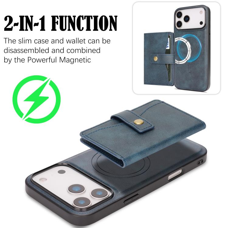 For iPhone 17 Pro Max Kalebol Magnetic Button Card Bag MagSafe Ring Leather Phone Case(Blue) - iPhone 17 Pro Max Cases by Kalebol | Online Shopping UK | buy2fix